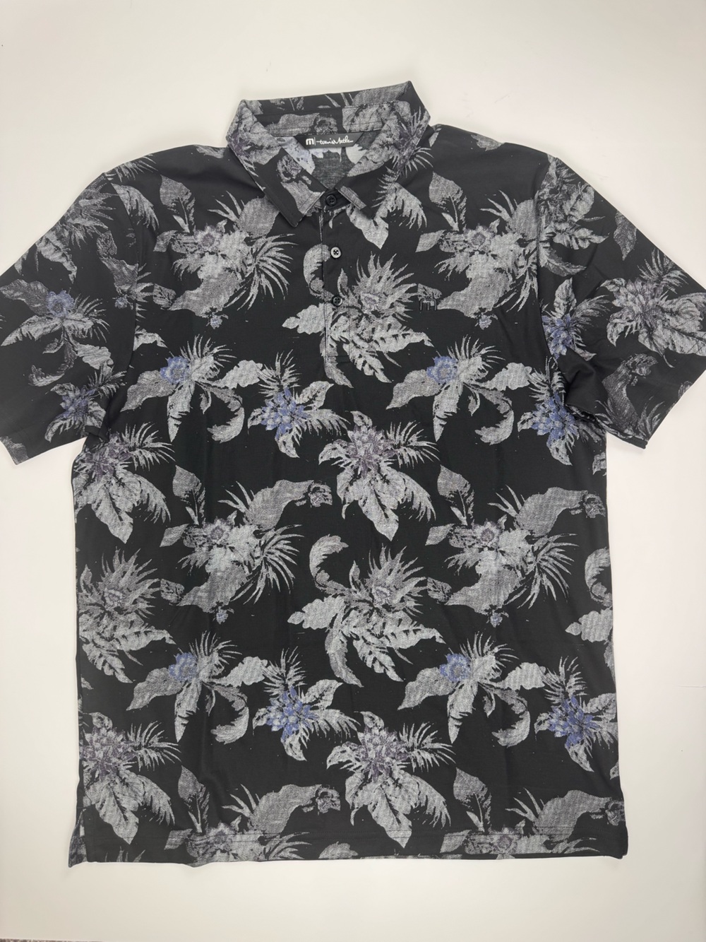 Travis Mathew Black Polo with Gray & Blue Floral Print